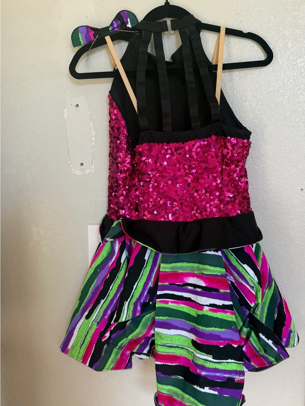 Girls Hot Pink Sequin Dance Dress with Multicolor Striped Skirt - Dance Costume